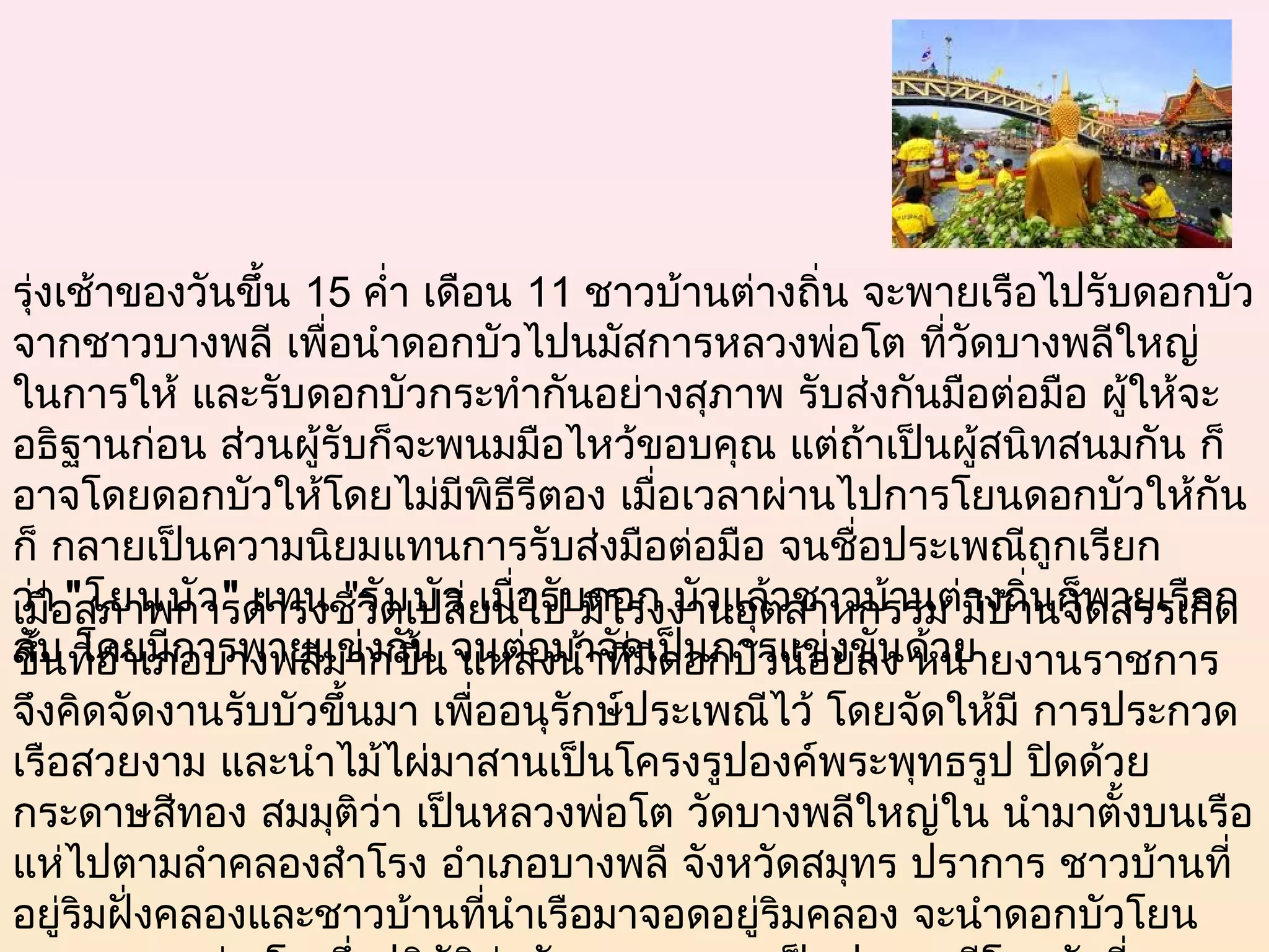 รุ่งเช้าของวันขึ้น 15 คำ่า เดือน 11 ชาวบ้านต่างถิน จะพายเรือไปรับดอกบัว
                                                 ่
จากชาวบางพลี เพื่อนำาดอกบัวไปนมัสการหลวงพ่อโต ที่วัดบางพลีใหญ่
ในการให้ และรับดอกบัวกระทำากันอย่างสุภาพ รับส่งกันมือต่อมือ ผู้ให้จะ
อธิฐานก่อน ส่วนผู้รับก็จะพนมมือไหว้ขอบคุณ แต่ถาเป็นผู้สนิทสนมกัน ก็
                                                   ้
อาจโดยดอกบัวให้โดยไม่มีพธีรีตอง เมื่อเวลาผ่านไปการโยนดอกบัวให้กัน
                               ิ
ก็ กลายเป็นความนิยมแทนการรับส่งมือต่อมือ จนชื่อประเพณีถูกเรียก
ว่า่อสภาพการดำารงชีวิตเปลี่ยนไปบมีโรงงานอุตสาหกรรม มีงถิ่นก็พสรรเกิด
เมื  "โยนบัว " แทน "รับ บัว  เมื่อรั ดอก บัวแล้วชาวบ้านต่า บ้านจัดายเรือก
ลับ ที่อำาเภอบางพลีมากขึ้น จนต่อมาจัดเป็อกบัวน้องขันด้วย ยงานราชการ
ขึ้น โดยมีการพายแข่งกัน แหล่งนำ้าที่มีดนการแข่ยลง หน่า
จึงคิดจัดงานรับบัวขึ้นมา เพื่ออนุรักษ์ประเพณีไว้ โดยจัดให้มี การประกวด
เรือสวยงาม และนำาไม้ไผ่มาสานเป็นโครงรูปองค์พระพุทธรูป ปิดด้วย
กระดาษสีทอง สมมุติว่า เป็นหลวงพ่อโต วัดบางพลีใหญ่ใน นำามาตั้งบนเรือ
แห่ไปตามลำาคลองสำาโรง อำาเภอบางพลี จังหวัดสมุทร ปราการ ชาวบ้านที่
อยู่ริมฝั่งคลองและชาวบ้านที่นำาเรือมาจอดอยู่ริมคลอง จะนำาดอกบัวโยน
 