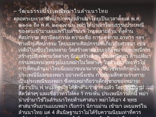 – วัฒ นธรรมประเพณีพ ม่า ในล้า นนาไทย
ตลอดระยะเวลาที่พม่าปกครองล้านนาไทยเป็นเวลาตั้งแต่ พ.ศ.
  ๒๑๐๑ ถึง พ.ศ. ๒๓๑๗ นั้น พม่าได้นำาเอาวัฒนธรรมประเพณี
  ของตนเข้ามาเผยแพร่ในล้านนา ไทยหลายด้าน ทั้งด้าน
  ศิลปกรรม สถาปัตยกรรม ความเชื่อ การแต่งกาย อาหาร ฯลฯ
  ทางด้านศิลปกรรม โดยเฉพาะศิลปกรรมทีเกี่ยวกับศาสนา เช่น
                                            ่
  เจดีย์ในเชียงใหม่หลาย วัดสร้างตามแบบเจดีย์พม่า ประเพณีการ
  สร้างรูปสิงห์ตามวัดต่างๆ นิยมสร้างตาม ประเพณีพม่า ด้านปติมา
  กรรมพบพระพุทธรูปแบบพม่าในวัดต่างๆ ในล้านนาไทยทั่วไป
  การที่คนล้านนาไทยนิยมบวชเณรมากกว่าบวชพระภิกษุนั้น เป็น
  ประเพณีนิยมของพม่า อย่างหนึงเช่น การนิยมสักตามร่างกาย
                                   ่
  เป็นประเพณีของพม่า ซึ่งคนพม่าถือว่าเด็กผู้ชายของพม่าจะ
  ถือว่าเป็น ฟ หนุ่มต่อเมื่อได้สักตามร่างกายแล้ว โดยสักเป็นรูป
  สัตว์ต่างๆ และเชื่อว่าทำาให้คง 1 กระพัน ประเพณีการสักนี้ พม่า
  นำาเข้ามาใช้ในล้านนาไทยด้านศาสนา พม่าได้เอา 4 พุทธ
  ศาสนาหีนยานแบบพม่า เรียกว่า นิกายม่าน เข้ามา เผยแพร่ใน
  ล้านนาไทย แต่ 4 สันนิษฐานว่าไม่ได้รับความนิยมเท่าที่ควร
 