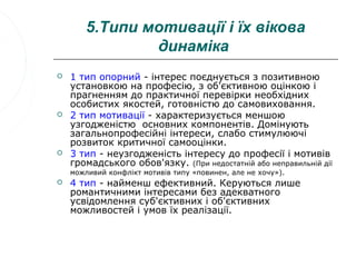 5.Типи мотивації і їх вікова
                динаміка
   1 тип опорний - інтерес поєднується з позитивною
    установкою на професію, з об'єктивною оцінкою і
    прагненням до практичної перевірки необхідних
    особистих якостей, готовністю до самовиховання.
   2 тип мотивації - характеризується меншою
    узгодженістю основних компонентів. Домінують
    загальнопрофесійні інтереси, слабо стимулюючі
    розвиток критичної самооцінки.
   3 тип - неузгодженість інтересу до професії і мотивів
    громадського обов'язку. (При недостатній або неправильній дії
    можливий конфлікт мотивів типу «повинен, але не хочу»).
   4 тип - найменш ефективний. Керуються лише
    романтичними інтересами без адекватного
    усвідомлення суб'єктивних і об'єктивних
    можливостей і умов їх реалізації.
 