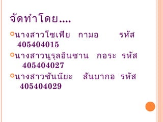จัด ทำา โดย....
นางสาวโซเฟีย     กามอ      รหัส
 405404015
นางสาวนูร ุล อิน ซาน กอระ รหัส
   405404027
นางสาวซัน นีย ะ    สัน บากอ รหัส
  405404029
 