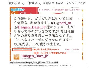 「買い手よし」「世間よし」が評価されるソーシャルメディア




                         100人以上の人がリツイート
                         （転送・シェア）して拡散している



 http://twitter.com/Haagen_Dazs_JP/status/20298953069
           イーンスパイア(株) 横田秀珠の著作権を尊重しつつ、是非ノウハウはシェアして行きましょう。   14
 