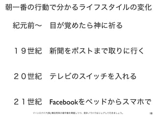 朝一番の行動で分かるライフスタイルの変化

 紀元前∼ 目が覚めたら神に祈る


 １９世紀 新聞をポストまで取りに行く


 ２０世紀 テレビのスイッチを入れる


 ２１世紀 Facebookをベッドからスマホで
    イーンスパイア(株) 横田秀珠の著作権を尊重しつつ、是非ノウハウはシェアして行きましょう。   18
 
