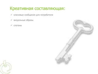 Креативная составляющая:
 ключевые сообщения для потребителя

 визуальные образы

 слоганы
 