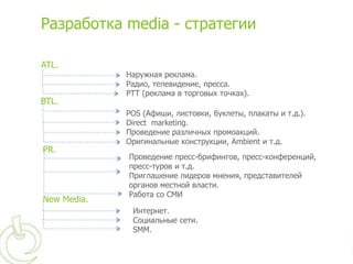 Разработка media - стратегии

ATL.
             Наружная реклама.
             Радио, телевидение, пресса.
             РТТ (реклама в торговых точках).
BTL.
             POS (Афиши, листовки, буклеты, плакаты и т.д.).
             Direct marketing.
             Проведение различных промоакций.
             Оригинальные конструкции, Ambient и т.д.
PR.
             Проведение пресс-брифингов, пресс-конференций,
             пресс-туров и т.д.
             Приглашение лидеров мнения, представителей
             органов местной власти.
             Работа со СМИ
New Media.
              Интернет.
              Социальные сети.
              SMM.
 