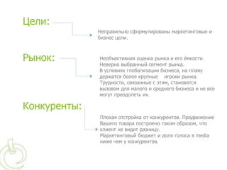 Цели:
              Неправильно сформулированы маркетинговые и
              бизнес цели.



Рынок:        Необъективная оценка рынка и его ѐмкости.
              Неверно выбранный сегмент рынка.
              В условиях глобализации бизнеса, на плаву
              держатся более крупные игроки рынка.
              Трудности, связанные с этим, становятся
              вызовом для малого и среднего бизнеса и не все
              могут преодолеть их.

Конкуренты:
              Плохая отстройка от конкурентов. Продвижение
              Вашего товара построено таким образом, что
              клиент не видит разницу.
              Маркетинговый бюджет и доля голоса в media
              ниже чем у конкурентов.
 