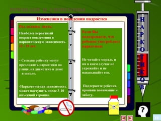 ПРИЗНАКИ И СИМПТОМЫ
УПОТРЕБЛЕНИЯ в поведении подростка
       Изменения                                         Н
    -беспричинные перепады
   Вы должнысмена
                знать:
   - внезапнаяс проявлением
   настроения
                                                         А
        Внешние признаки
   компании, может проявлять
   депрессии, друзей ;
                                  Если Вы
   Наиболее вероятный
     -бессонница, повышенная
   возраст расширенные или        подозреваете, что      Р
   - утомляемость, из в
      часто вовлечения
   немотивированнуюдома,
     -резко исчезает
   наркотическую зависимость
   агрессивность; зрачки,
   поздно суженные
     резко возвращается, очень    ребенок употребляет    К
   12 - 19 лет.
   замкнут, скрытен, избегает     наркотики:
   - -внезапное нарушение ритма
       изменение суточного
   встреч с родителями после
   жизни: активендвижений,
      координации ночью, а
                                                         О
   возвращения;
   днем спит; слюноотделение,
     -обильное
   -кашель, рвота, бледность,
      Сегодня ребенку могут       Не читайте мораль и    Т
   - -заметные следы от от
      самоизоляция, уход
   предложить по ходу вен на
      инъекций наркотики
   участия в семейных резкое
   - предплечья, в локтевых
       прогулы в школе,
                                  ни в коем случае не
                                  угрожайте и не
                                                         И
   улице, на дискотеке и даже
   событиях; поведения,
   ухудшение
      в школе.
     -раздражение кожи под
      сгибах, кистей, стоп,       наказывайте его.       К
   снижение успеваемости;
     носом,
   - внезапный интерес к                                 О
   - безразличие к своему
   домашней аптечке,
   -Наркотическая зависимость
   внешнемуаппетита,
      -потеря виду;
   литературе по
   может наступить после носа
     -частые выделения из 3-10
                                   Поддержите ребенка,
                                  проявив понимание и
                                                         В
      похудание
   фармакологии; прежних
   - или кровотечения,
   инъекцийутрата
      полная героина.             заботу.
   интересов.




                                                             10
 