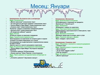Месец: Януари
•   Направление: Български език и литература              •   Направление: Математика
•   Ядро: Свързана реч                                    •   Ядро: Количествени отношения
•   -,,Моите празници”-описателен текст                   •   -Класификация и сериация на предмети
•   -,,От моя дом до детската градина”-описателен текст   •   -Броене до 5, Числата до 5
•   -,,Златна Мара и Арап Мара”-повествователен текст     •   Ядро: Измерване
•   -,,Снежни игри”-повествователен текст                 •   -Измерване с мярка по широчина
•   -Етикетни изрази за вежливо поведение-диалог          •   Ядро: Пространствени отношения
•   -,,Болната Ани”-повествователен текст                 •   -Ориентиране в пространството /ляво-дясно, горе-
•   -,,В лекарския кабинет”-диалог                            долу, пред-зад/
•   Ядро: Речник                                          •   Ядро: Времеви отношения
•   -Етикетни изрази за вежливо поведение                 •   -Времеви представи за вчера, днес и утре
•   Ядро: Граматически правилна реч                       •   Ядро: Равнинни фигури и форми
•   -Конструиране на изречения по опорни думи и изрази    •   -Кръг, квадрат, триъгълник
•   -Сложни съставни изречения със съюзи
•   -Съгласуване на съществителни и прилагателни имена    •   Направление: Социален свят
    по род и число                                        •   Ядро: Общуване с околните и самоутвърждаване
•   -Кратко просто и просто разширено изречение           •   -,,Снежни игри”
•   Ядро: Възприемане на литератулно произведение         •   Ядро: Здравословна и социална среда
•   -,,Златна Мара и Арап Мара”-българска народна         •   -,,Кръстовище”
    приказка
                                                          •   -,,За да имам здрави зъбки”
•   -,,Стягайте шейните”-В.Паспалеева
                                                          •   -,,Кой ме лекува?”
•   -,,Зимна картина”-Иван Павлов- стихотворение
                                                          •   Ядро: Културни и национални ценности
•   Ядро: Пресъздаване на художествена литература за
    деца                                                  •   -,,Моите празници”
•   -,,Стягайте шейните”-Заучаване наизуст
 