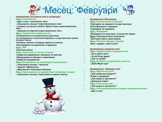 •
                             Месец: Февруари
    Направление: Български език и литература
•   Ядро: Свързана реч                                         •   Направление: Математика
•   -,,Ден и нощ”- описателен текст                            •   Ядро: Количествени отношения
•   -,,Наказаната лисица”-повествователен текст                •   -Групиране на предмети по два признака
•   -,,Сламка, въгленче и бобче”-Братя Грим- повествователен   •   -Класификация и сериация
    текст                                                      •   -Групиране на предмети
•   - Приказка по картини-повествователен текст                •   Ядро: Измерване
•   Ядро: Граматически правилна реч                            •   -Измерване по височина с 2 различни мерки
•   -Съобщителни и въпросителни изречения                      •   Ядро: Пространствени отношения
•   -Съгласуване на числителни бройни и съществителни имена    •   -Пространствено ориентиране
    по род и число                                             •   Ядро: Равнинни фигури и форми
•   -Сегашно, минало и бъдеще време на глагола                 •   -Кръг, квадрат, триъгълник
•   -Конструиране на изречения с предлози
•   Ядро: ЗКР
•                                                              •   Направление: Социален свят
    -Сричков анализ
•                                                              •   Ядро: Здравословен и социален свят
    Ядро: Подготовка за четене и пасане
•                                                              •   -,,Аз и моето тяло”
    -Графични упражнения- рисуване по пунктир
•                                                              •   -,,За да бъда здрав”
    -Прерисуване на фигури и оцветяване
•                                                              •   -,,Ако се загубя”
    -Графични упражнения
•                                                              •   Ядро: Културни и национални ценности
    Ядро: Възприемане на литературно произведение
•                                                              •   -,,Баба Марта иде”
    -,,Наказаната лисица”- приказка
•   -,,Левски”-ЦВ.Ангелов
•   -,,Мартенички”-Елисавета Багряна                           •   Направление: Природен свят
•   Ядро: Пресъздаване на художествена литература за деца      •   Ядро: Животински свят
•   -,,Наказаната лисица”-подготовка за куклен театър          •   -,,Кой живее във водата?”
                                                               •   -Рибки в аквариум”
                                                               •   -,,Кой живее в пустинята?”
                                                               •   -,,Домашни птици”
                                                               •   Ядро: Растителен свят
                                                               •   -,,Кой живее в пустинята?”
                                                               •   Ядро: Естествена физическа среда и природни явления
                                                               •   -,,Ден и нощ”
 