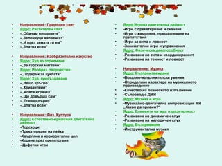 •   Направление: Природен свят             •   Ядро:Игрова двигателна дейност
•   Ядро: Растителен свят                  •   -Игри с прекатерване и скачане
•   -,,Обичам плодовете”                   •   -Игри с хвърляне, преодоляване на
•   -,,Зеленчуци хапвам аз”                    препятствия
•   -,,И през зимата ги ям”                •   -Игри за сила и ловкост
•   -,,Златна есен”                        •   -Занимателни игри и упражнения
                                           •   Ядро: Физическа дееспособност
•   Направление: Изобразително изкуство    •   -Развиване на сила и координираност
•   Ядро: Худ.възприемане                  •   -Развиване на точност и ловкост
•   -,,За горския магазин”
•   Ядро: Изобраз. творчество              •   Направление: Музика
•   -,,Подарък за куклата”                 •   Ядро: Възпроизвеждане
•   Ядро: Худ. пресъздаване                •   -Вокално-изпълнителски умения
•   -,,Нещо кръгло”                        •   -Определяне характера на музикалното
•                                              произведение
    -,,Хризантеми”
                                           •   -Качество на певческото изпълнение
•   -,,Моята играчка”
•                                          •   -Съпровод с ДМИ
    -,,Ще довърша сам”
                                           •   Ядро: Музика и игра
•   -,,Есанно дърво”
•                                          •   -Музикално-двигателна импровизация МИ
    -,,Златна есен”                            ,,Какво да правим?”
                                           •   Ядро: Елементи на муз. изразителност
•   Направление: Физ. Култура              •   -Развиване на динамичен слух
•   Ядро: Естествено-приложна двигателна   •   -Развиване на мелодичен слух
    дейност                                •   Ядро: Възприемане
•   -Подскоци                              •   -Инструментална музика
•   -Прекатерване на пейка
•   -Хвърляне в хоризонтална цел
•   -Ходене през препятствия
•   -Щафетни игри
 