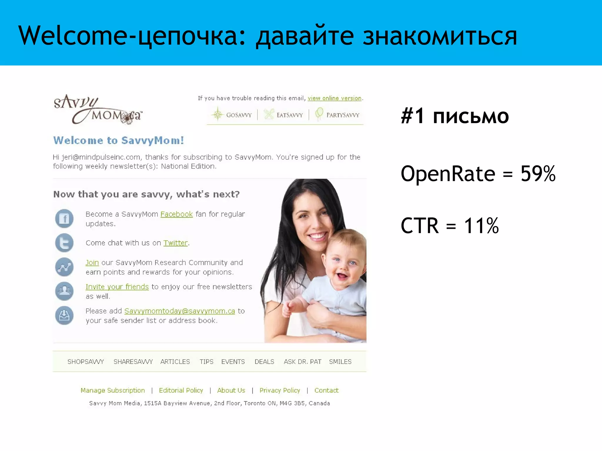 Welcome-цепочка: давайте знакомиться

                           #1 письмо

                           OpenRate = 59%

                           CTR = 11%
 