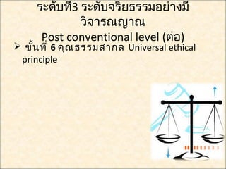 ระดับที3 ระดับจริยธรรมอย่างมี
            ่
              วิจารณญาณ
      Post conventional level (ต่อ)
 ขั้น ที่ 6 คุณ ธรรมสากล Universal ethical
 principle
 