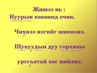 Жишээ нь : 
   Нуурын хөвөөнд очив.
        x
      
       Чихнээ нэгийг шивнэнэ.
                   
       Шувуудын дуу горхины
         x              x



    урсгалтай хөг нийлнэ. 
 