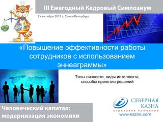 III Ежегодный Кадровый Симпозиум
          7 сентября 2012 г. Санкт-Петербург




    «Повышение эффективности работы
      сотрудников с использованием
             эннеаграммы»
                                  Типы личности, виды интеллекта,
                                     способы принятия решений




Человеческий капитал:
модернизация экономики
 