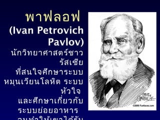 พาฟลอฟ
 (Ivan Petrovich
         Pavlov)
 นัก วิท ยาศาสตร์ช าว
                รัส เซีย
   ที่ส นใจศึก ษาระบบ
หมุน เวีย นโลหิต ระบบ
                หัว ใจ
    และศึก ษาเกี่ย วกับ
    ระบบย่อ ยอาหาร
 