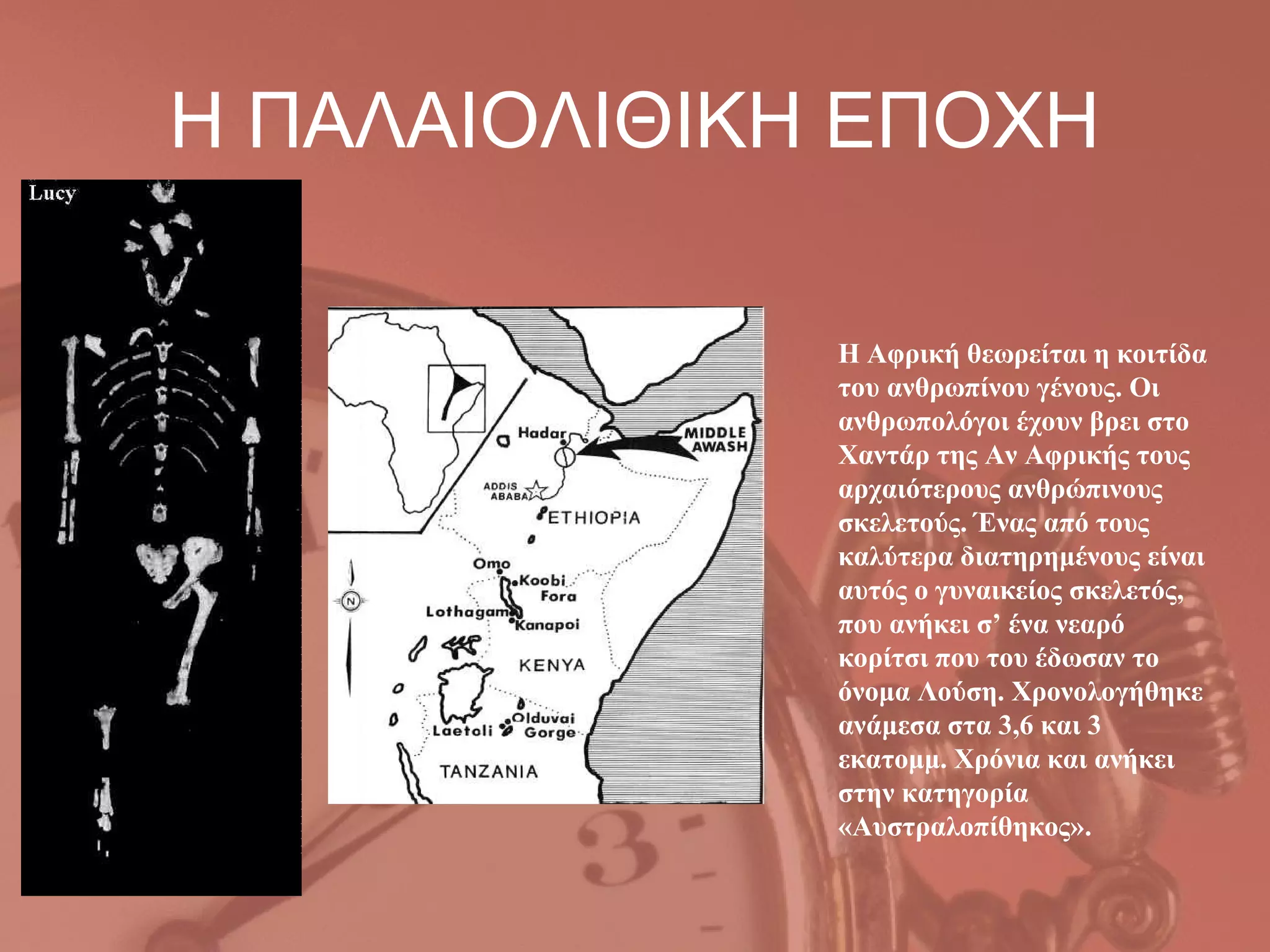 Η ΠΑΛΑΙΟΛΙΘΙΚΗ ΕΠΟΧΗ

              Η Αφρική θεωρείται η κοιτίδα
              του ανθρωπίνου γένους. Οι
              ανθρωπολόγοι έχουν βρει στο
              Χαντάρ της Αν Αφρικής τους
              αρχαιότερους ανθρώπινους
              σκελετούς. Ένας από τους
              καλύτερα διατηρημένους είναι
              αυτός ο γυναικείος σκελετός,
              που ανήκει σ’ ένα νεαρό
              κορίτσι που του έδωσαν το
              όνομα Λούση. Χρονολογήθηκε
              ανάμεσα στα 3,6 και 3
              εκατομμ. Χρόνια και ανήκει
              στην κατηγορία
              «Αυστραλοπίθηκος».
 