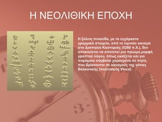 Η ΝΕΟΛΙΘΙΚΗ ΕΠΟΧΗ

       Η ξύλινη πινακίδα, με τα εγχάρακτα
       γραμμικά στοιχεία, από το λιμναίο οικισμό
       στο Δισπηλιό Καστοριάς (5260 π.Χ.), δεν
       αποκλείεται να αποτελεί μια πρώιμη μορφή
       γραπτού λόγου, όπως εικάζεται και για
       παρόμοια σύμβολα χαραγμένα σε πηλό,
       που βρίσκονται σε οικισμούς της νότιας
       Βαλκανικής (πολιτισμός Vinca).
 