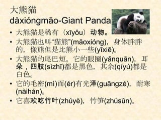 大熊猫
dàxióngmāo-Giant Panda
• 大熊猫是稀有（xīyǒu）动物。
• 大熊猫也叫“猫熊”(māoxióng)，身体胖胖
  的，像熊但是比熊小一些(yīxiē)。
• 大熊猫的尾巴短。它的眼圈(yǎnquān)，耳
  朵，四肢(sìzhī)都是黑色，其余(qíyú)都是
  白色。
• 它的毛密(mì)而(ér)有光泽(guāngzé)，耐寒
  (nàihán)。
• 它喜欢吃竹叶(zhúyè)，竹笋(zhúsǔn)。
 