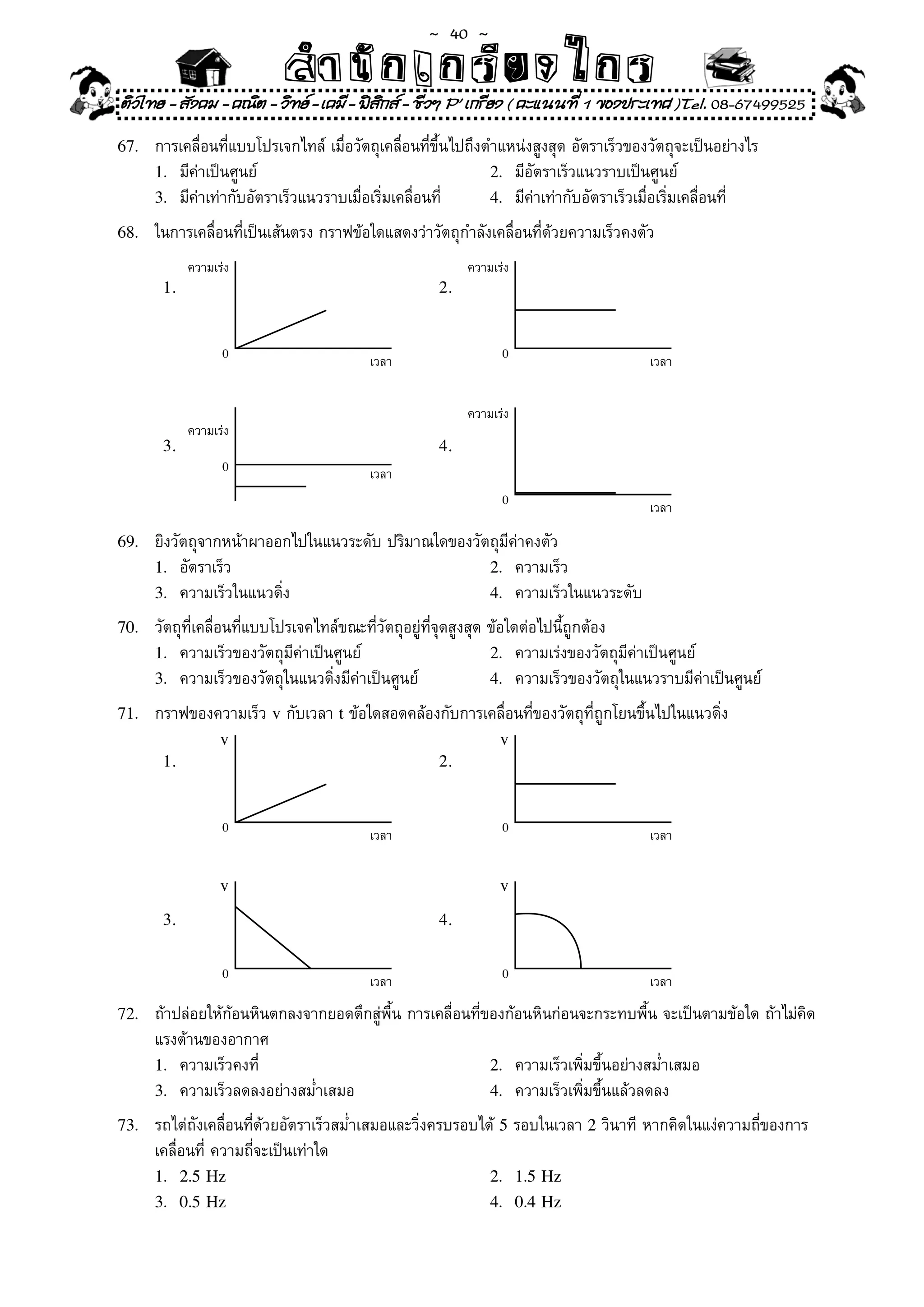 ~  40 ~
                            สํนัา เนัรีกง เกก (คิ ดย ง ไ ย . ..จิ
                            สํา ก ก ย ไ ร รี แบบวิ ท ก ร
ติวไทย - สังคม - คณิต - วิทย - เคมี - ฟสกส - ชีวฯ P' เกรียง ( คะแนนที่ 1 ของประเทศ )Tel. 08-67499525
                                          ิ
67.	   การเคลื่อนที่แบบโปรเจกไทล์	เมื่อวัตถุเคลื่อนที่ขึ้นไปถึงตำแหน่งสูงสุด	อัตราเร็วของวัตถุจะเป็นอย่างไร	
       1.	 มีค่าเป็นศูนย์	                                      2.	 มีอัตราเร็วแนวราบเป็นศูนย์	
       3.	 มีค่าเท่ากับอัตราเร็วแนวราบเมื่อเริ่มเคลื่อนที่		    4.	 มีค่าเท่ากับอัตราเร็วเมื่อเริ่มเคลื่อนที่	

68.	   ในการเคลื่อนที่เป็นเส้นตรง	กราฟข้อใดแสดงว่าวัตถุกำลังเคลื่อนที่ด้วยความเร็วคงตัว	
             ความเร่ง	                                      ความเร่ง	
        1.                                             2.


                   0                                              0
                                           เวลา	                                          เวลา	


                                                            ความเร่ง	
             ความเร่ง	
        3.                                             4.
                   0
                                           เวลา	
                                                                  0
                                                                                          เวลา	

69.	   ยิงวัตถุจากหน้าผาออกไปในแนวระดับ	ปริมาณใดของวัตถุมีค่าคงตัว	
       1.	 อัตราเร็ว	                                 2.	 ความเร็ว	
       3.	 ความเร็วในแนวดิ่ง	                         4.	 ความเร็วในแนวระดับ	

70.	   วัตถุที่เคลื่อนที่แบบโปรเจคไทล์ขณะที่วัตถุอยู่ที่จุดสูงสุด	ข้อใดต่อไปนี้ถูกต้อง	
       1.	 ความเร็วของวัตถุมีค่าเป็นศูนย์	                        2.	 ความเร่งของวัตถุมีค่าเป็นศูนย์	
       3.	 ความเร็วของวัตถุในแนวดิ่งมีค่าเป็นศูนย์	               4.	 ความเร็วของวัตถุในแนวราบมีค่าเป็นศูนย์	

71.	   กราฟของความเร็ว	v	กับเวลา	t	ข้อใดสอดคล้องกับการเคลื่อนที่ของวัตถุที่ถูกโยนขึ้นไปในแนวดิ่ง	
                   v                                              v
        1.                                             2.


                   0                                              0
                                           เวลา	                                          เวลา	

                   v                                              v
        3.                                             4.


                   0                                              0
                                           เวลา	                                          เวลา	
72.	   ถ้าปล่อยให้ก้อนหินตกลงจากยอดตึกสู่พื้น	การเคลื่อนที่ของก้อนหินก่อนจะกระทบพื้น	จะเป็นตามข้อใด	ถ้าไม่คิด	
       แรงต้านของอากาศ	
       1.	 ความเร็วคงที่	                                   2.	 ความเร็วเพิ่มขึ้นอย่างสม่ำเสมอ	
       3.	 ความเร็วลดลงอย่างสม่ำเสมอ	                       4.	 ความเร็วเพิ่มขึ้นแล้วลดลง	

73.	   รถไต่ถังเคลื่อนที่ด้วยอัตราเร็วสม่ำเสมอและวิ่งครบรอบได้	5	รอบในเวลา	2	วินาที	หากคิดในแง่ความถี่ของการ
       เคลื่อนที่	ความถี่จะเป็นเท่าใด	
       1. 2.5 Hz                                             2. 1.5 Hz
       3. 0.5 Hz                                             4. 0.4 Hz
 
