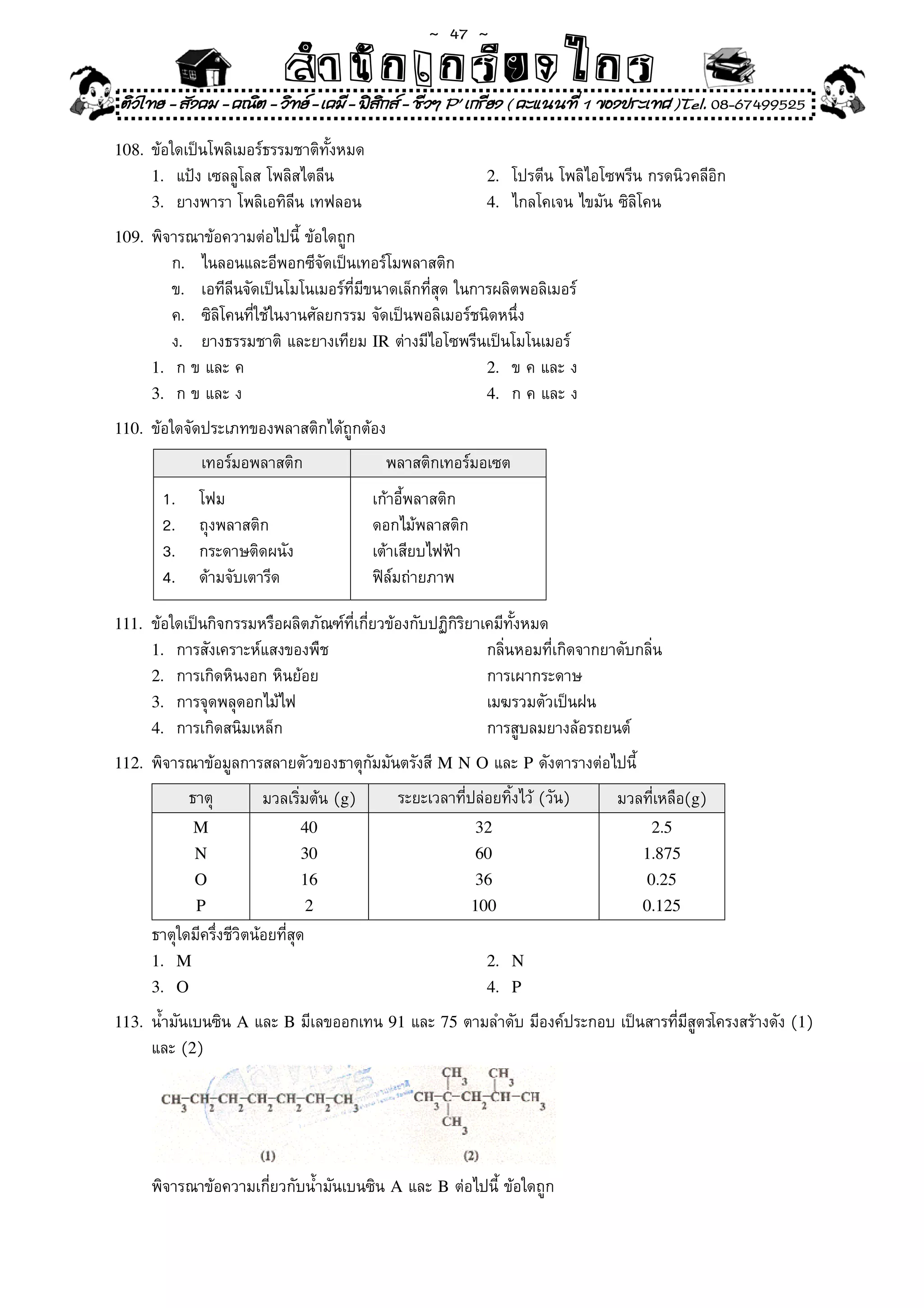 ~  47 ~
                                สํนัา เนัรีกง เกก (คิ ดย ง ไ ย . ..จิ
                                สํา ก ก ย ไ ร รี แบบวิ ท ก ร
    ติวไทย - สังคม - คณิต - วิทย - เคมี - ฟสกส - ชีวฯ P' เกรียง ( คะแนนที่ 1 ของประเทศ )Tel. 08-67499525
                                              ิ

108.	 ข้อใดเป็นโพลิเมอร์ธรรมชาติทั้งหมด	
        1.	 แป้ง	เซลลูโลส	โพลิสไตลีน	                             2.	 โปรตีน	โพลิไอโซพรีน	กรดนิวคลีอิก		
        3.	 ยางพารา	โพลิเอทิลีน	เทฟลอน		                          4.	 ไกลโคเจน	ไขมัน	ซิลิโคน	

109.	 พิจารณาข้อความต่อไปนี้	ข้อใดถูก	
	       	  ก.	 ไนลอนและอีพอกซีจัดเป็นเทอร์โมพลาสติก	
	       	  ข.	 เอทีลีนจัดเป็นโมโนเมอร์ที่มีขนาดเล็กที่สุด	ในการผลิตพอลิเมอร์	
		      	  ค.	 ซิลิโคนที่ใช้ในงานศัลยกรรม	จัดเป็นพอลิเมอร์ชนิดหนึ่ง	
	       	  ง.	 ยางธรรมชาติ	และยางเทียม	IR	ต่างมีไอโซพรีนเป็นโมโนเมอร์	
        1.	 ก	ข	และ	ค	                                        2.	 ข	ค	และ	ง	
        3.	 ก	ข	และ	ง	                                        4.	 ก	ค	และ	ง		

110.	 ข้อใดจัดประเภทของพลาสติกได้ถูกต้อง	

                    เทอร์มอพลาสติก	             พลาสติกเทอร์มอเซต	
            1.	    โฟม	                        เก้าอี้พลาสติก	
            2.	    ถุงพลาสติก	                 ดอกไม้พลาสติก	
            3.	    กระดาษติดผนัง	              เต้าเสียบไฟฟ้า	
            4.	    ด้ามจับเตารีด	              ฟิล์มถ่ายภาพ	

111.	 ข้อใดเป็นกิจกรรมหรือผลิตภัณฑ์ที่เกี่ยวข้องกับปฏิกิริยาเคมีทั้งหมด	
        1.	 การสังเคราะห์แสงของพืช	                               กลิ่นหอมที่เกิดจากยาดับกลิ่น	
        2.	 การเกิดหินงอก	หินย้อย	                                การเผากระดาษ	
        3.	 การจุดพลุดอกไม้ไฟ	                                    เมฆรวมตัวเป็นฝน	
        4.	 การเกิดสนิมเหล็ก	                                     การสูบลมยางล้อรถยนต์	
112.	 พิจารณาข้อมูลการสลายตัวของธาตุกัมมันตรังสี	M N O	และ	P	ดังตารางต่อไปนี้	

                  ธาตุ	     มวลเริ่มต้น	(g)	      ระยะเวลาที่ปล่อยทิ้งไว้	(วัน)	      มวลที่เหลือ(g)	
                  M                 40                           32                        2.5
                   N                30                           60                      1.875
                   O                16                           36                       0.25
                   P                2                         100                        0.125
	       ธาตุใดมีครึ่งชีวิตน้อยที่สุด	
        1. M                                                      2. N
        3. O                                                      4. P

113.	 น้ำมันเบนซิน	A	และ	B	มีเลขออกเทน	91	และ	75	ตามลำดับ	มีองค์ประกอบ	เป็นสารที่มีสูตรโครงสร้างดัง	(1)		
	       และ	(2)	




	       พิจารณาข้อความเกี่ยวกับน้ำมันเบนซิน	A	และ	B	ต่อไปนี	ข้อใดถูก	
                                                           ้
 