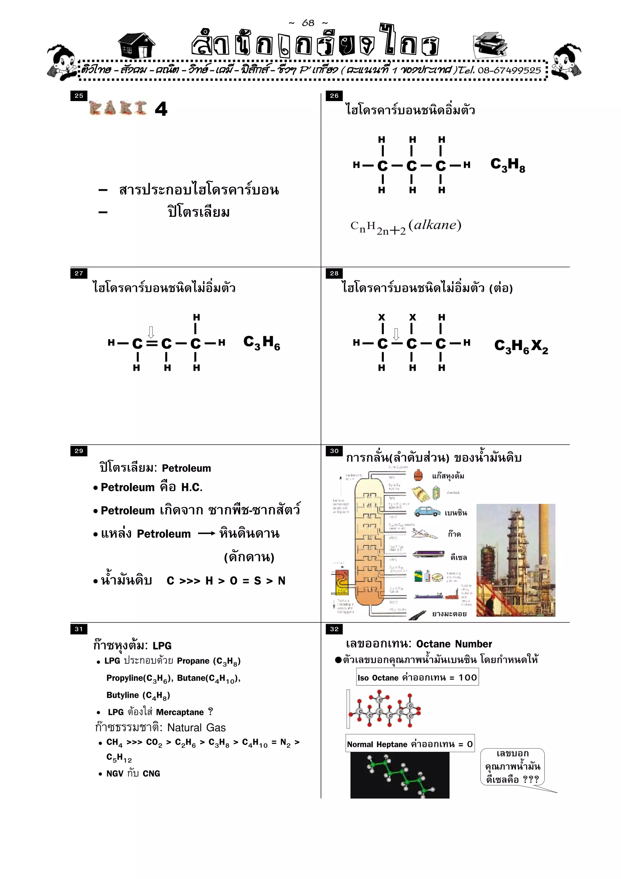 ~  68 ~
                           สํนัา เนัรีกง เกก (คิ ดย ง ไ ย . ..จิ
                           สํา ก ก ย ไ ร รี แบบวิ ท ก ร
 ติวไทย - สังคม - คณิต - วิทย - เคมี - ฟสกส - ชีวฯ P' เกรียง ( คะแนนที่ 1 ของประเทศ )Tel. 08-67499525
                                           ิ
25                                                         26

                    4
                                                                              H               H            H




                                                                      － －
                                                                                          － －
                                                                                                          － －
                                                                 H   － C － C － C －H                                     C3H8
     -                                                                        H               H            H

     -

27                                                         28
                                                                                                                        ( )
                            H                                                 X               X            H
                           － －




                                                                      － －
                                                                                          － －
                                                                                                          － －
         H   － C ＝ C － C －H              C3 H6                   H   － C － C － C －H                                     C3H6 X2
              －
                    －




               H      H     H                                                 H               H            H




29                                                         30
                                                                                      (                        )
                    : Petroleum
     • Petroleum H.C.
     • Petroleum                         -
     •        Petroleum
                                (       )
     •                 C >>> H > O = S > N

31                                                         32

                   : LPG                                                                      : Octane Number
     • LPG              Propane (C3H8)                     •
       Propyline(C3H6), Butane(C4H10),                            Iso Octane                                   = 100
       Butyline (C4H8)                                                        C
                                                                                              C
     • LPG         Mercaptane ?                                   C
                                                                      C
                                                                              C
                                                                                      C
                                                                                          C
                                                                                              C

                     : Natural Gas
     • CH4 >>> CO2 > C2H6 > C3H8 > C4H10 = N2 >                 Normal Heptane                                     =0
       C5H12                                                              C       C
                                                                                      C   C
     • NGV CNG                                                                                C   C
                                                                                                                              ???
                                                                                                      C
 