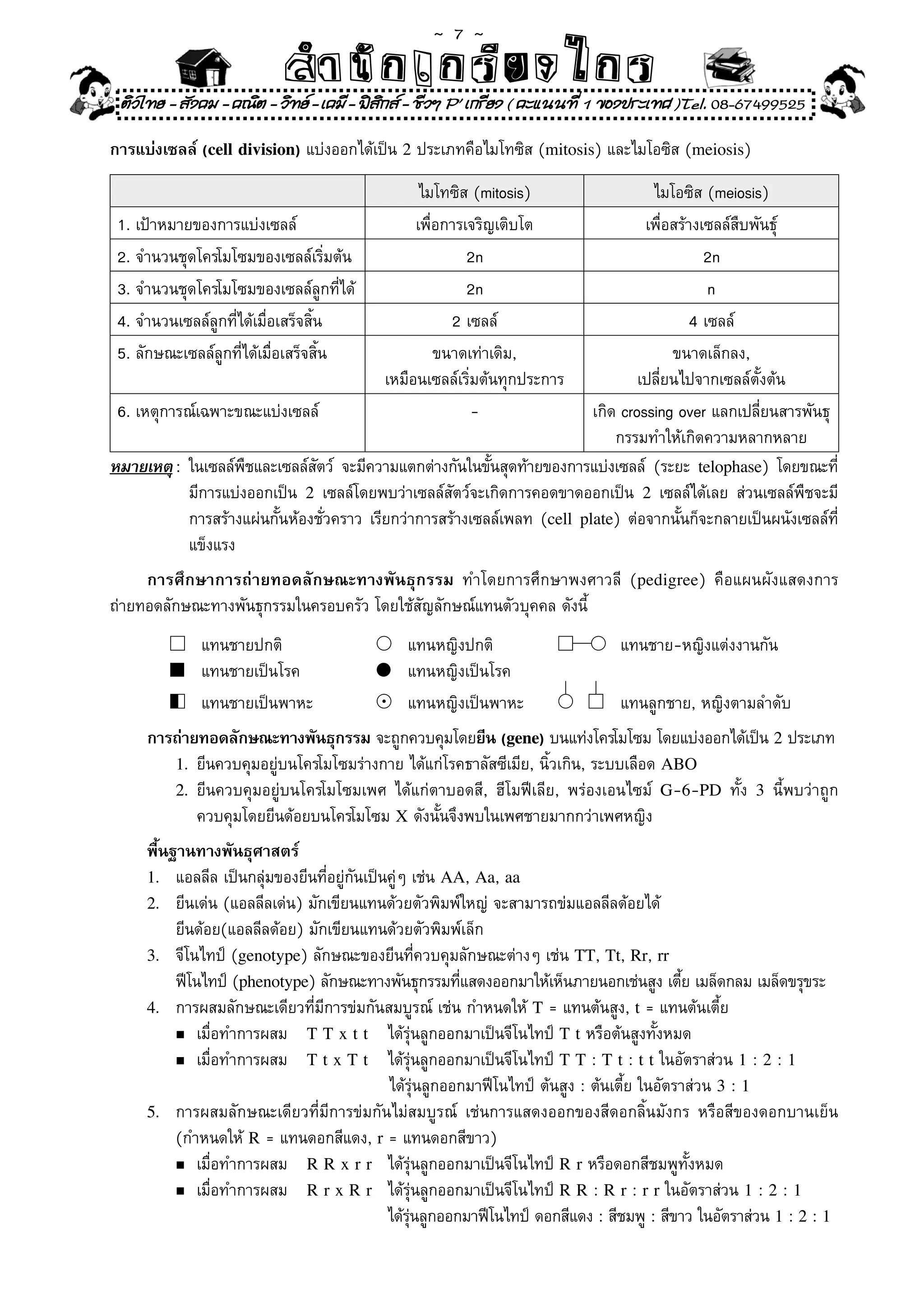 ~  7 ~
                            สํนัา เนัรีกง เกก (คิ ดย ง ไ ย . ..จิ
                            สํา ก ก ย ไ ร รี แบบวิ ท ก ร
    ติวไทย - สังคม - คณิต - วิทย - เคมี - ฟสกส - ชีวฯ P' เกรียง ( คะแนนที่ 1 ของประเทศ )Tel. 08-67499525
                                              ิ

การแบ่งเซลล์ (cell division)	แบ่งออกได้เป็น	2	ประเภทคือไมโทซิส	(mitosis)	และไมโอซิส	(meiosis)	
                                                  ไมโทซิส	(mitosis)	              ไมโอซิส	(meiosis)	
 1.	เป้าหมายของการแบ่งเซลล์	                     เพื่อการเจริญเติบโต	            เพื่อสร้างเซลล์สืบพันธุ์	
 2.	จำนวนชุดโครโมโซมของเซลล์เริ่มต้น	                     2n                                2n
 3.	จำนวนชุดโครโมโซมของเซลล์ลูกที่ได้	                    2n                                n
 4.	จำนวนเซลล์ลูกที่ได้เมื่อเสร็จสิ้น	                 2	เซลล์	                          4	เซลล์	
 5.	ลักษณะเซลล์ลูกที่ได้เมื่อเสร็จสิ้น               ขนาดเท่าเดิม,	                   ขนาดเล็กลง,	
                                            เหมือนเซลล์เริ่มต้นทุกประการ	       เปลี่ยนไปจากเซลล์ตั้งต้น	
 6.	เหตุการณ์เฉพาะขณะแบ่งเซลล์	                            -	           เกิด	crossing	over	แลกเปลี่ยนสารพันธุ
                                                                            กรรมทำให้เกิดความหลากหลาย
หมายเหตุ	:	 ในเซลล์พชและเซลล์สตว์	 จะมีความแตกต่างกันในขันสุดท้ายของการแบ่งเซลล์	 (ระยะ	 telophase)	 โดยขณะที	
                     ื              ั                      ้                                                    ่
            มีการแบ่งออกเป็น	 2	 เซลล์โดยพบว่าเซลล์สัตว์จะเกิดการคอดขาดออกเป็น	 2	 เซลล์ได้เลย	 ส่วนเซลล์พืชจะมี	
	 	 	 การสร้างแผ่นกั้นห้องชั่วคราว	 เรียกว่าการสร้างเซลล์เพลท	 (cell plate)	 ต่อจากนั้นก็จะกลายเป็นผนังเซลล์ท	    ี่
	 	 	 แข็งแรง	
     การศึกษาการถ่ายทอดลักษณะทางพันธุกรรม	 ทำโดยการศึกษาพงศาวลี	 (pedigree)	 คือแผนผังแสดงการ
ถ่ายทอดลักษณะทางพันธุกรรมในครอบครัว	โดยใช้สัญลักษณ์แทนตัวบุคคล	ดังนี้	
             	 แทนชายปกติ	                   	 แทนหญิงปกติ	                   	 แทนชาย-หญิงแต่งงานกัน	
             	 แทนชายเป็นโรค	                	 แทนหญิงเป็นโรค	
             	 แทนชายเป็นพาหะ	               	 แทนหญิงเป็นพาหะ	               	 แทนลูกชาย,	หญิงตามลำดับ	
       การถ่ายทอดลักษณะทางพันธุกรรม	จะถูกควบคุมโดยยีน (gene)	บนแท่งโครโมโซม	โดยแบ่งออกได้เป็น	2	ประเภท
          1.	 ยีนควบคุมอยู่บนโครโมโซมร่างกาย	ได้แก่โรคธาลัสซีเมีย,	นิ้วเกิน,	ระบบเลือด	ABO
          2.	 ยีนควบคุมอยู่บนโครโมโซมเพศ	 ได้แก่ตาบอดสี,	 ฮีโมฟีเลีย,	 พร่องเอนไซม์	 G-6-PD	 ทั้ง	 3	 นี้พบว่าถูก	
	      	 	 ควบคุมโดยยีนด้อยบนโครโมโซม	X	ดังนั้นจึงพบในเพศชายมากกว่าเพศหญิง	
       พื้นฐานทางพันธุศาสตร์
       1.	 แอลลีล	เป็นกลุ่มของยีนที่อยู่กันเป็นคู่ๆ	เช่น	AA,	Aa,	aa
       2.	 ยีนเด่น	(แอลลีลเด่น)	มักเขียนแทนด้วยตัวพิมพ์ใหญ่	จะสามารถข่มแอลลีลด้อยได้	
	      	 ยีนด้อย(แอลลีลด้อย)	มักเขียนแทนด้วยตัวพิมพ์เล็ก	
       3.	 จีโนไทป์	(genotype)	ลักษณะของยีนที่ควบคุมลักษณะต่างๆ	เช่น	TT,	Tt,	Rr,	rr
            ฟีโนไทป์	(phenotype)	ลักษณะทางพันธุกรรมทีแสดงออกมาให้เห็นภายนอกเช่นสูง	เตีย	เมล็ดกลม	เมล็ดขรุขระ
                                                            ่                                    ้
       4.	 การผสมลักษณะเดียวที่มีการข่มกันสมบูรณ์	เช่น	กำหนดให้	T	=	แทนต้นสูง,	t	=	แทนต้นเตี้ย		
            n	 เมื่อทำการผสม	 T T x t t	 ได้รุ่นลูกออกมาเป็นจีโนไทป์	T t	หรือต้นสูงทั้งหมด		

            n	เมื่อทำการผสม	 T t x T t	 ได้รุ่นลูกออกมาเป็นจีโนไทป์	T T : T t : t t	ในอัตราส่วน	1 : 2 : 1

	      	 	 	                    	              	ได้รุ่นลูกออกมาฟีโนไทป์	ต้นสูง	:	ต้นเตี้ย	ในอัตราส่วน	3 : 1
       5.	 การผสมลักษณะเดียวที่มีการข่มกันไม่สมบูรณ์	 เช่นการแสดงออกของสีดอกลิ้นมังกร	 หรือสีของดอกบานเย็น	
	      	 (กำหนดให้	R	=	แทนดอกสีแดง,	r	=	แทนดอกสีขาว)		
            n	 เมื่อทำการผสม	 R R x r r	 ได้รุ่นลูกออกมาเป็นจีโนไทป์	R r	หรือดอกสีชมพูทั้งหมด		

            n	เมื่อทำการผสม	 R r x R r	 ได้รุ่นลูกออกมาเป็นจีโนไทป์	R R : R r : r r	ในอัตราส่วน	1 : 2 : 1

	      	 	 	                    	              ได้รนลูกออกมาฟีโนไทป์	ดอกสีแดง	:	สีชมพู	:	สีขาว	ในอัตราส่วน	1 : 2 : 1
                                                    ุ่
 