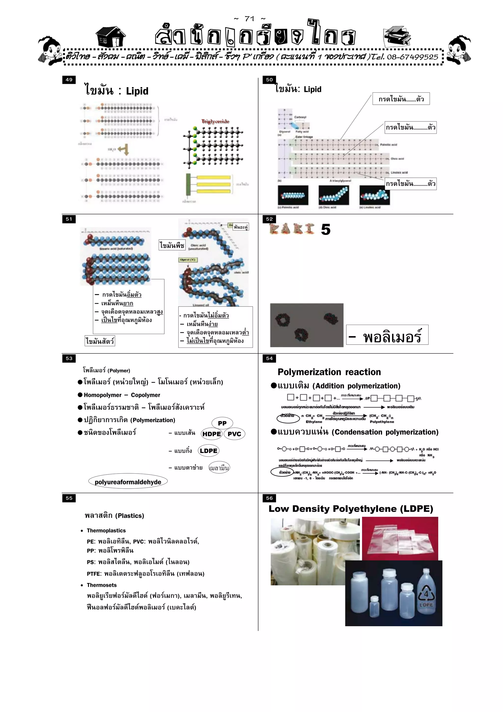 ~  71 ~
                                   สํนัา เนัรีกง เกก (คิ ดย ง ไ ย . ..จิ
                                   สํา ก ก ย ไ ร รี แบบวิ ท ก ร
ติวไทย - สังคม - คณิต - วิทย - เคมี - ฟสกส - ชีวฯ P' เกรียง ( คะแนนที่ 1 ของประเทศ )Tel. 08-67499525
                                          ิ
49                                                                                       50
                  : Lipid                                                                            : Lipid
                                                                                                                                     .......


                                                                                                                                          ..........




                                                                                                                                          ..........


51                                                                                       52

                                                                                                           5



          -
          -
          -                                      -
          -                                      -
                                                 -
                                                 -                                                                 -
53                                                                                       54
              (Polymer)                                                                          Polymerization reaction
     •         (           )–                            (                   )                           (Addition polymerization)
                                                                                             •
     • Homopolymer – Copolymer
     •                   –
     •               (Polymerization)                                        PP
     •                             –                                 HDPE         PVC        •                 (Condensation polymerization)
                                         –                           LDPE

                                         –
          polyureaformaldehyde
55                                                                                       56
                                                                                             Low Density Polyethylene (LDPE)
                 (Plastics)
     • Thermoplastics
       PE:            , PVC:                                     ,
       PP:
       PS:            ,              (               )
       PTFE:                                 (                       )
     • Thermosets
                               (             ),                          ,          ,
                                     (                       )
 