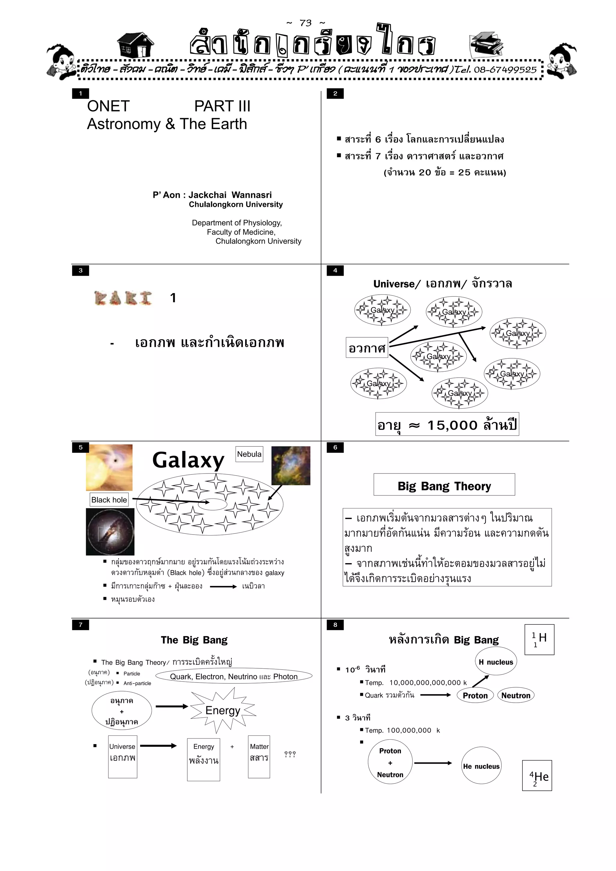 ~  73 ~
                                                  สํนัา เนัรีกง เกก (คิ ดย ง ไ ย . ..จิ
                                                  สํา ก ก ย ไ ร รี แบบวิ ท ก ร
ติวไทย - สังคม - คณิต - วิทย - เคมี - ฟสกส - ชีวฯ P' เกรียง ( คะแนนที่ 1 ของประเทศ )Tel. 08-67499525
                                          ิ
1                                                                                             2
    ONET          PART III
    Astronomy & The Earth
                                                                                                           6
                                                                                                           7
                                                                                                               (       20       = 25             )
                                        P’ Aon : Jackchai Wannasri
                                                 Chulalongkorn University

                                                  Department of Physiology,
                                                     Faculty of Medicine,
                                                        Chulalongkorn University


3                                                                                             4
                                                                                                           Universe/               /
                                           1
                                                                                                          Galaxy               Galaxy

                                                                                                                                                  Galaxy
                    -
                                                                                                                        Galaxy

                                                                                                                                                 Galaxy
                                                                                                         Galaxy
                                                                                                                                Galaxy



                                                                                                                      ≈ 15,000
5                                                                                             6

                                        Galaxy                    Nebula



                                                                                                                   Big Bang Theory
            Black hole
                                                    Galaxy
                                                                                                  -


                                           (Black hole)                    galaxy
                                                                                                  -
                                           +


7                                                                                             8
                                         The Big Bang                                                                            Big Bang                  1
                                                                                                                                                           1
                                                                                                                                                               H

              The Big Bang Theory/                                                                                                       H nucleus
        (       )       Particle                                                                  10-6
                                            Quark, Electron, Neutrino         Photon
    (               )   Anti-particle                                                                    Temp. 10,000,000,000,000 k
                                                                                                         Quark                    Proton         Neutron
                        +                                 Energy                                  3
                                                                                                         Temp. 100,000,000 k
                 Universe                          Energy     +      Matter                                 Proton
                                                                                ???
                                                                                                              +                     He nucleus
                                                                                                            Neutron                                       4He
                                                                                                                                                           2
 