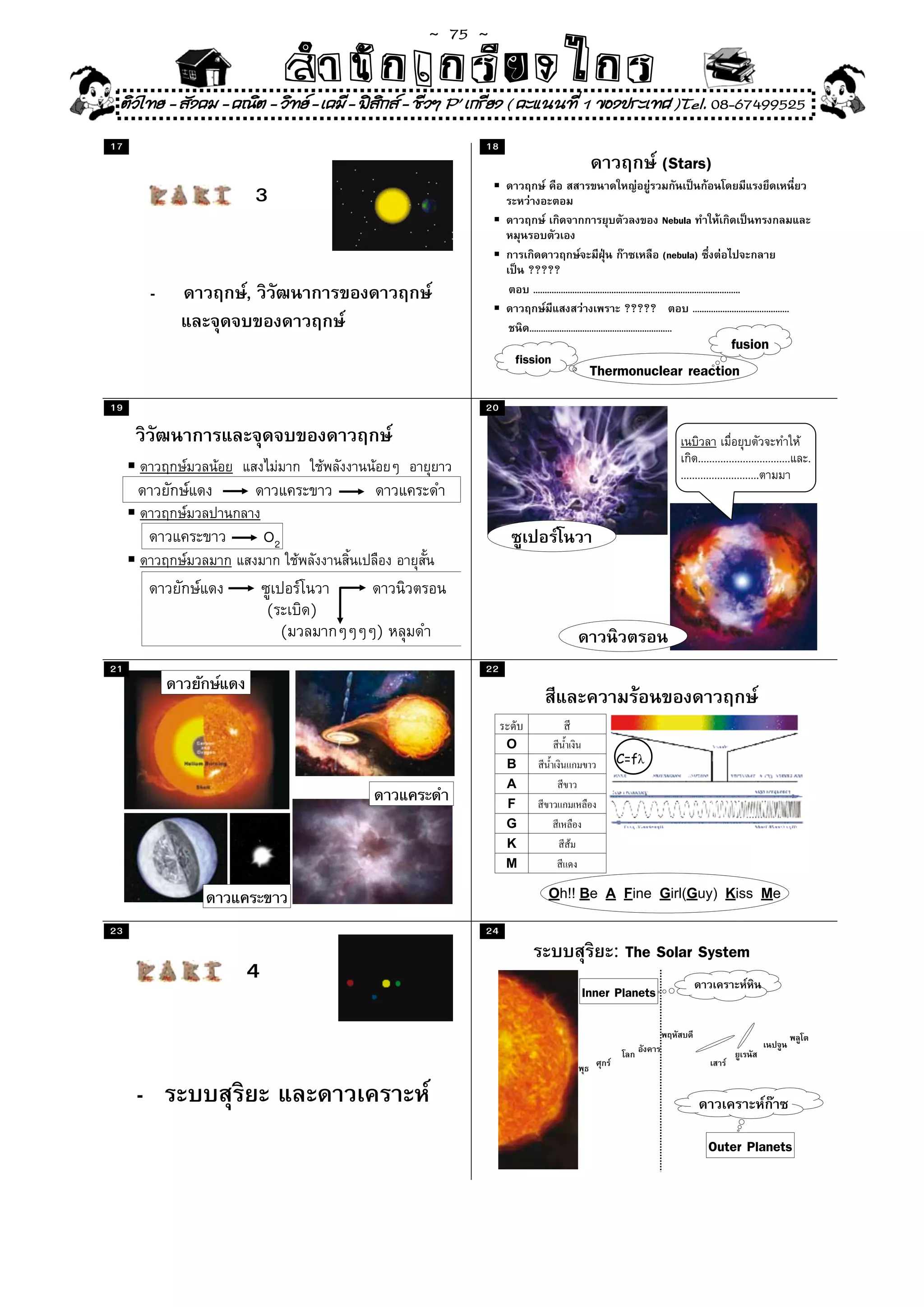 ~  75 ~
                            สํนัา เนัรีกง เกก (คิ ดย ง ไ ย . ..จิ
                            สํา ก ก ย ไ ร รี แบบวิ ท ก ร
 ติวไทย - สังคม - คณิต - วิทย - เคมี - ฟสกส - ชีวฯ P' เกรียง ( คะแนนที่ 1 ของประเทศ )Tel. 08-67499525
                                           ิ
17                                                     18
                                                                                                                          (Stars)
                       3
                                                                                                                          Nebula

                                                                                                                          (nebula)
                                                                ?????
         -         ,                                              ..........................................................................................
                                                                                                          ?????                        ..........................................
                                                                ..............................................................                         ....
                                                                                                               fusion
                                                            fission
                                                                                          Thermonuclear reaction
19                                                     20


                                                                                                                                        .................................           .
                                                                                                                                  ............................


                       O2


                       (        )
                            (          )
21                                                     22




                                                            O
                                                            B                                         C=f
                                                            A
                                                            F
                                                            G
                                                            K
                                                            M

                                                                        Oh!! Be A Fine Girl(Guy) Kiss Me

23                                                     24
                                                                                                    : The Solar System
                   4
                                                                                       Inner Planets




     -
                                                                                                                                              Outer Planets
 