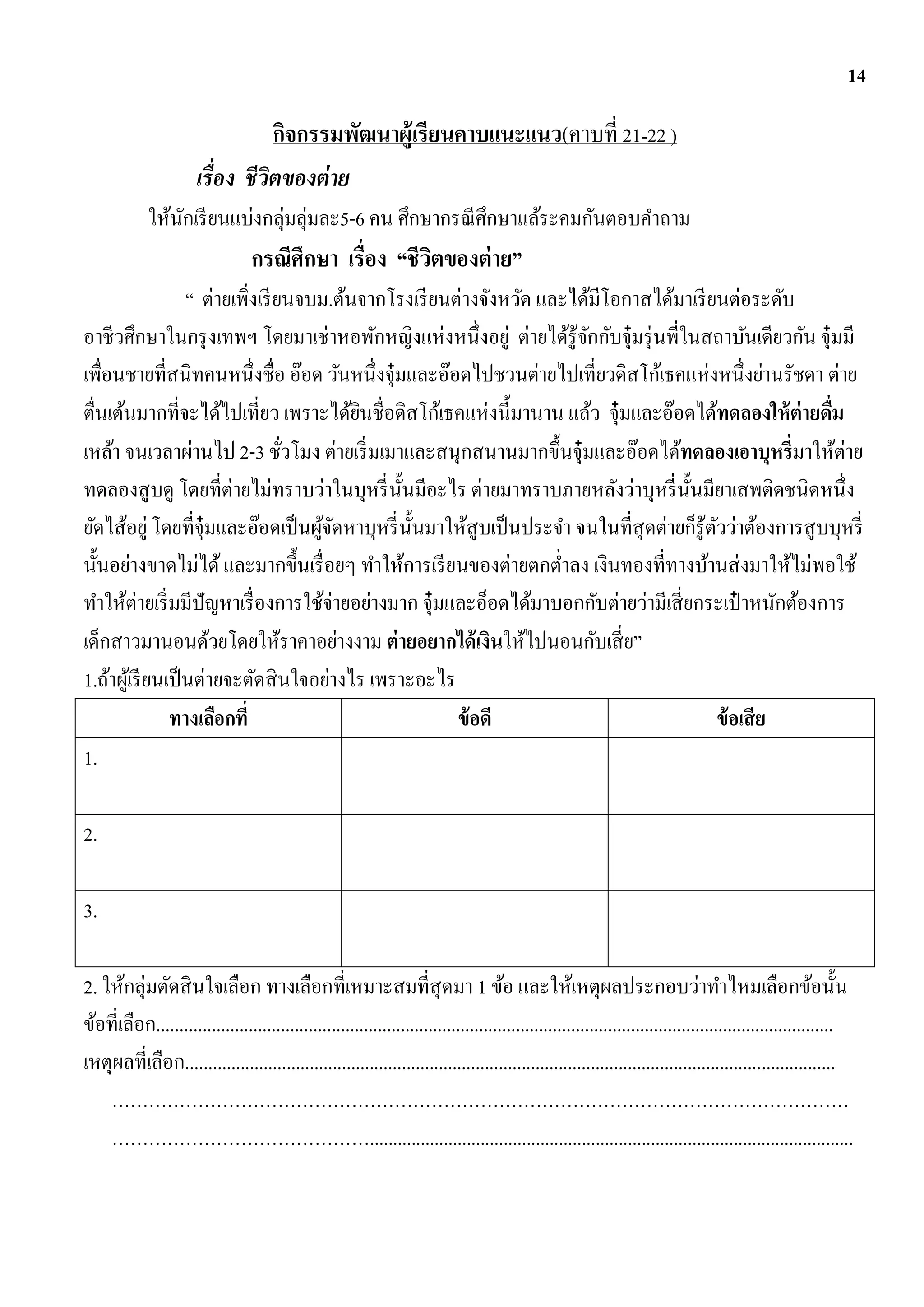 14

                                   กิจกรรมพัฒนาผู้เรียนคาบแนะแนว(คาบที่ 21-22 )
                       เรื่อง ชีวตของต่ าย
                                 ิ
             ให้นกเรี ยนแบ่งกลุ่มลุ่มละ5-6 คน ศึกษากรณี ศึกษาแล้ระคมกันตอบคาถาม
                 ั
                                  กรณีศึกษา เรื่อง “ชีวตของต่ าย”
                                                       ิ
                   “ ต่ายเพิ่งเรี ยนจบม.ต้นจากโรงเรี ยนต่างจังหวัด และได้มีโอกาสได้มาเรี ยนต่อระดับ
อาชีวศึกษาในกรุ งเทพฯ โดยมาเช่าหอพักหญิงแห่งหนึ่งอยู่ ต่ายได้รู้จกกับจุ๋มรุ่ นพี่ในสถาบันเดียวกัน จุ๋มมี
                                                                        ั
เพื่อนชายที่สนิทคนหนึ่งชื่อ อ๊อด วันหนึ่งจุ๋มและอ๊อดไปชวนต่ายไปเที่ยวดิสโก้เธคแห่งหนึ่งย่านรัชดา ต่าย
ตื่นเต้นมากที่จะได้ไปเที่ยว เพราะได้ยนชื่อดิสโก้เธคแห่งนี้มานาน แล้ว จุ๋มและอ๊อดได้ทดลองให้ ต่ายดืม
                                           ิ                                                             ่
เหล้า จนเวลาผ่านไป 2-3 ชัวโมง ต่ายเริ่ มเมาและสนุกสนานมากขึ้นจุ๋มและอ๊อดได้ทดลองเอาบุหรี่มาให้ต่าย
                                   ่
ทดลองสู บดู โดยที่ต่ายไม่ทราบว่าในบุหรี่ น้ นมีอะไร ต่ายมาทราบภายหลังว่าบุหรี่ น้ นมียาเสพติดชนิดหนึ่ง
                                                ั                                    ั
ยัดไส้อยู่ โดยที่จ๋ ุมและอ๊อดเป็ นผูจดหาบุหรี่ น้ นมาให้สูบเป็ นประจา จนในที่สุดต่ายก็รู้ตวว่าต้องการสู บบุหรี่
                                       ้ั         ั                                       ั
นั้นอย่างขาดไม่ได้ และมากขึ้นเรื่ อยๆ ทาให้การเรี ยนของต่ายตกต่าลง เงินทองที่ทางบ้านส่ งมาให้ไม่พอใช้
ทาให้ต่ายเริ่ มมีปัญหาเรื่ องการใช้จ่ายอย่างมาก จุ๋มและอ็อดได้มาบอกกับต่ายว่ามีเสี่ ยกระเป๋ าหนักต้องการ
เด็กสาวมานอนด้วยโดยให้ราคาอย่างงาม ต่ ายอยากได้ เงินให้ไปนอนกับเสี่ ย”
1.ถ้าผูเ้ รี ยนเป็ นต่ายจะตัดสิ นใจอย่างไร เพราะอะไร
                ทางเลือกที่                             ข้ อดี                            ข้ อเสี ย
1.

2.

3.

2. ให้กลุ่มตัดสิ นใจเลือก ทางเลือกที่เหมาะสมที่สุดมา 1 ข้อ และให้เหตุผลประกอบว่าทาไหมเลือกข้อนั้น
ข้อที่เลือก...................................................................................................................................................
เหตุผลที่เลือก.............................................................................................................................................
    …………………………………………………………………………………………………………
    …………………………………….........................................................................................................
 