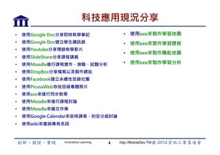 科技應用現況分享
•    使用Google Doc分享即時教學筆記                     •  使用xxx來製作學習地圖
•    使用Google Doc建立學生通訊錄                      •  使用xxx來製作學習歷程
•    使用Youtube分享預錄教學影片
                                              •  使用xxx來製作職能地圖
•    使用SlideShare分享課程講義
•    使用Moodle進行課程實作、測驗、試題分析                   •  使用xxx來製作學習分析
•    使用DropBox分享檔案以及製作網站
•    使用Facebook建立永續性班級社團
•    使用PicasaWeb存放班級專題照片
•    使用xxx來進行同步教學
•    使用Moodle來進行課程討論
•    使用Moodle來繳交作業
•    使用Google Calendar來安排課表、約定分組討論
•    使用wiki來查詢專有名詞



                  Innovative Learning   4   http://MobileDev.TW
 
