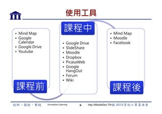 使用工具

•  Mind Map
                                   課程中
                          •  Mind Map
•  Google                                                         •  Moodle
   Calendar
                     •  Google Drive
               •  Facebook
•  Google Drive
                 •  SlideShare
•  Youtube
                      •  Moodle
                                  •  Dropbox
                                  •  PicasaWeb
                                  •  Google
                                     HangOut
                                  •  Forum
                                  •  Wiki

課程前
                                                                  課程後
                    Innovative Learning     6    http://MobileDev.TW
 