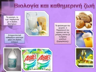 Τν γηανύξηη, ην
ηπξί, παξάγνληαη
  κε ηε δξάζε
   βαθηεξίσλ
                      Τν θνύζθσκα ηνπ
                          ςσκηνύ, ε
                       Παξαζθεπή ηνπ
                       θξαζηνύ θαη ηεο
  Απνξξππαληηθά       κπύξαο γίλεηαη κε
θαζαξίδνπλ θαιύηεξα       ηε δξάζε
  ράξε ζηε δξάζε          κπθήησλ
     ελδύκσλ           (δπκνκύθεηεο).
 