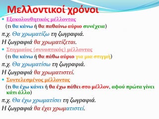 Μελλοντικοί χρόνοι
 Εξακολουθητικόσ μέλλοντασ
 (τι θα κάνω ή θα παθαίνω αύριο ςυνέχεια)
π.χ. Θα χρωματίζω τη ζωγραφιά.
Η ζωγραφιά θα χρωματίζεται.
 Στιγμιαίοσ (ςυνοπτικόσ) μέλλοντασ
 (τι θα κάνω ή θα πάθω αύριο για μια ςτιγμή)
π.χ. Θα χρωματίςω τη ζωγραφιά.
Η ζωγραφιά θα χρωματιςτεί.
 Συντελεςμένοσ μέλλοντασ
 (τι θα έχω κάνει ή θα έχω πάθει ςτο μέλλον, αφού πρώτα γίνει
 κάτι άλλο)
π.χ. Θα έχω χρωματίςει τη ζωγραφιά.
Η ζωγραφιά θα έχει χρωματιςτεί.
 
