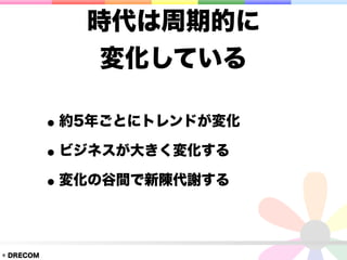 時代は周期的に
               変化している

           • 約5年ごとにトレンドが変化
           • ビジネスが大きく変化する
           • 変化の谷間で新陳代謝する

© DRECOM
 