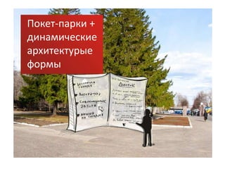 Покет-парки +
динамические
архитектурые
формы
 