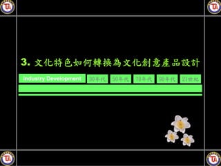 3. 文化特色如何轉換為文化創意產品設計
Industry Development   30年代   50年代   70年代   90年代   21世紀
 