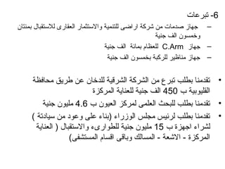 ‫6- تبرعات‬
‫– جهاز صدمات من شركة اراضى للتنمية والستثمار العقارى للستقبال بمئتان‬
                                                     ‫وخمسون الف جنية‬
                                  ‫– جهاز ‪ C.Arm‬للعظام بمائة الف جنية‬
                                   ‫– جهاز مناظير للركبة بخمسون الف جنية‬


     ‫• تقدمنا بطلب تبرع من الشركة الشرقية للدخان عن طريق محافظة‬
                           ‫القليوبية ب 054 الف جنية للعناية المركزة‬
          ‫• تقدمنا بطلب للبحث العلمى لمركز العيون ب 6.4 مليون جنية‬
     ‫• تفدمنا بطلب لرئيس مجلس الوزراء )بناء على وعواد من سياادتة (‬
       ‫لشراء اجهزة ب 51 مليون جنية للطوارىء والستقبال ) العناية‬
                    ‫المركزة - الشعة - المسالك وباقى اقسام المستشفى(‬
 