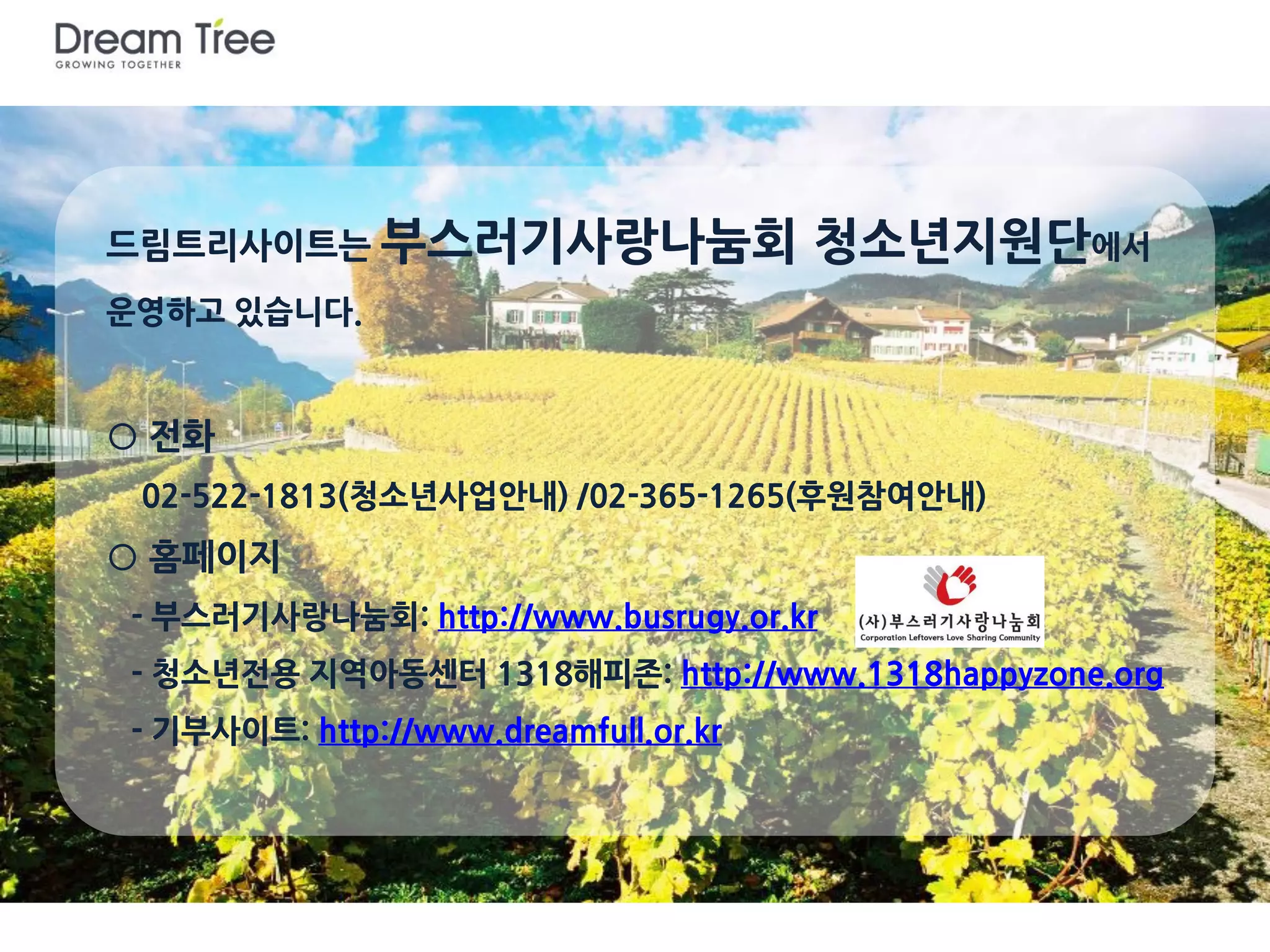 드림트리사이트는 부스러기사랑나눔회               청소년지원단에서
운영하고 있습니다.


○ 전화
 02-522-1813(청소년사업안내) /02-365-1265(후원참여안내)
○ 홈페이지
- 부스러기사랑나눔회: www.busrugy.or.kr
- 드림트리 : www.tdreamtree.org
- 청소년전용 지역아동센터 1318해피존: www.1318happyzone.org
- 기부사이트: www.dreamfull.or.kr
 