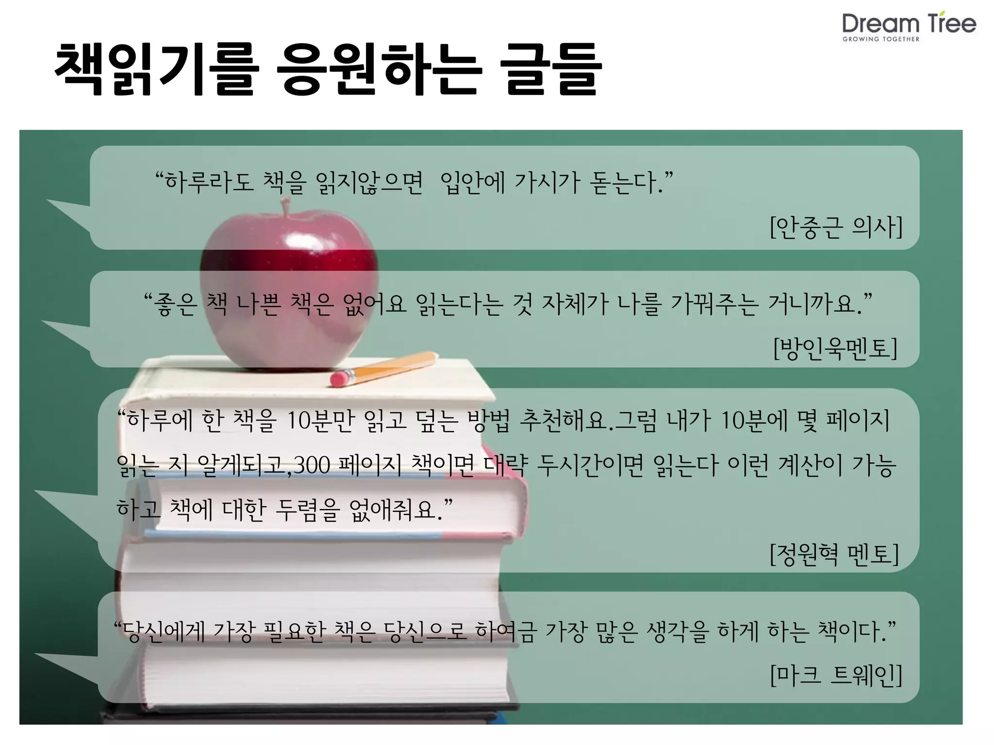 책읽기를 응원하는 글들
   “하루라도 책을 읽지않으면 입안에 가시가 돋는다.”
                                       [안중근 의사]


  “좋은 책 나쁜 책은 없어요 읽는다는 것 자체가 나를 가꿔주는 거니까요.”
                                       [방인욱멘토]

 “하루에 한 책을 10분만 읽고 덮는 방법 추천해요.그럼 내가 10분에 몇 페이지
 읽는 지 알게되고,300 페이지 책이면 대략 두시간이면 읽는다 이런 계산이 가능
 하고 책에 대한 두렴을 없애줘요.”
                                       [정원혁 멘토]


 “당신에게 가장 필요한 책은 당신으로 하여금 가장 많은 생각을 하게 하는 책이다.”
                                       [마크 트웨인]
 