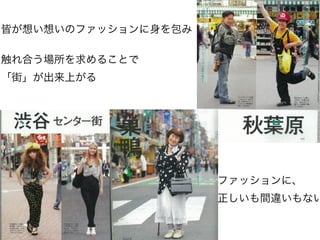 皆が想い想いのファッションに身を包み

触れ合う場所を求めることで
「街」が出来上がる




                     ファッションに、
                     正しいも間違いもない
 