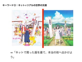 キーワード③：ネット×リアルの世界の交通




    「ネットで買った服を着て、本当の街へ出かけよ
   う」
 