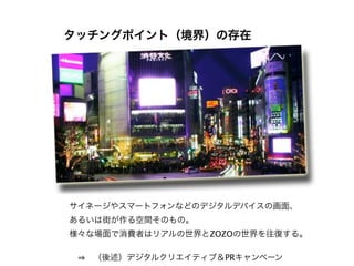 タッチングポイント（境界）の存在




サイネージやスマートフォンなどのデジタルデバイスの画面、
あるいは街が作る空間そのもの。
様々な場面で消費者はリアルの世界とZOZOの世界を往復する。

   （後述）デジタルクリエイティブ＆PRキャンペーン
 