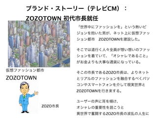 ブランド・ストーリー（テレビCM）：
     ZOZOTOWN 初代市長就任
                    「世界中にファッションを」という熱いビ
                    ジョンを抱いた男が、ネット上に仮想ファッ
                    ション都市 ZOZOTOWNを建設した。

                    そこでは道行く人々全員が想い想いのファッ
                    ションを着ていて、「オシャレであること」
                    がお金よりも大事な通貨になっている。

仮想ファッション都市
                    そこの市長であるZOZO市長は、よりネット
ZOZOTOWN            とリアルのファッションを融合するべくパソ
                    コンやスマートフォンを介して現実世界と
                    ZOZOTOWNを行き来する。

                    ユーザーの声に耳を傾け、
           ZOZO市長   オシャレの重要性を説こうと
                    異世界で奮闘するZOZO市長の波乱の人生に
 