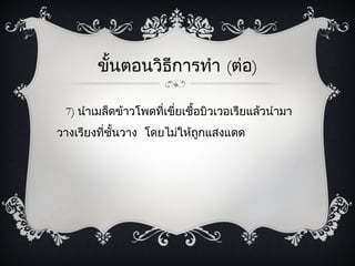 ขั้นตอนวิธการทำา (ต่อ)
                  ี

 7) นำาเมล็ดข้าวโพดที่เขี่ยเชื้อบิวเวอเรียแล้วนำามา
วางเรียงที่ชั้นวาง โดยไม่ให้ถูกแสงแดด
 