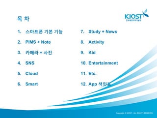 목차

1. 스마트폰 기본 기능    7. Study + News

2. PIMS + Note   8. Activity

3. 카메라 + 사진      9. Kid

4. SNS           10. Entertainment

5. Cloud         11. Etc.

6. Smart         12. App 색인표
 