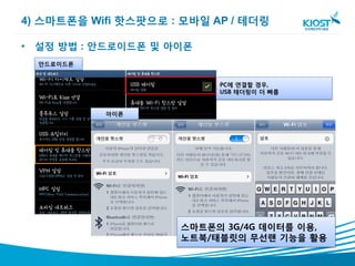4) 스마트폰을 Wifi 핫스팟으로 : 모바일 AP / 테더링

• 설정 방법 : 안드로이드폰 및 아이폰
  안드로이드폰


                           PC에 연결할 경우,
                           USB 테더링이 더 빠름


           아이폰




                     스마트폰의 3G/4G 데이터를 이용,
                     노트북/태블릿의 무선랜 기능을 활용
 