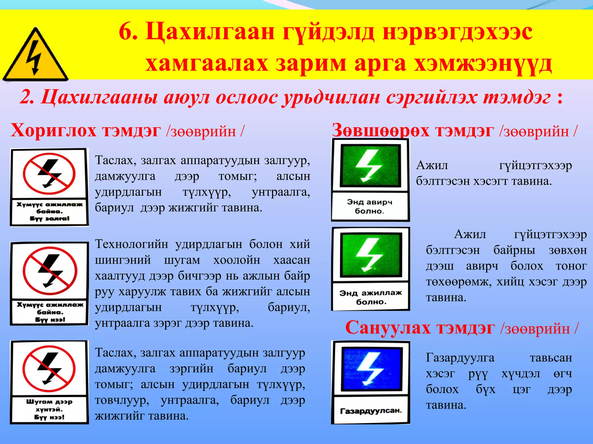 6. Цахилгаан гүйдэлд нэрвэгдэхээс
               хамгаалах зарим арга хэмжээнүүд
 2. Цахилгааны аюул ослоос урьдчилан сэргийлэх тэмдэг :
Хориглох тэмдэг /зөөврийн /                     Зөвшөөрөх тэмдэг /зөөврийн /
         Таслах, залгах аппаратуудын залгуур,            Ажил          гүйцэтгэхээр
         дамжуулга дээр томыг; алсын                     бэлтгэсэн хэсэгт тавина.
         удирдлагын     түлхүүр,   унтраалга,
         бариул дээр жижгийг тавина.

                                                               Ажил     гүйцэтгэхээр
         Технологийн удирдлагын болон хий                 бэлтгэсэн байрны зөвхөн
         шингэний шугам хоолойн хаасан                    дээш авирч болох тоног
         хаалтууд дээр бичгээр нь ажлын байр              төхөөрөмж, хийц хэсэг дээр
         руу харуулж тавих ба жижгийг алсын               тавина.
         удирдлагын       түлхүүр,    бариул,
         унтраалга зэрэг дээр тавина.
                                                 Сануулах тэмдэг /зөөврийн /
         Таслах, залгах аппаратуудын залгуур              Газардуулга   тавьсан
         дамжуулга зэргийн бариул дээр                    хэсэг рүү хүчдэл өгч
         томыг; алсын удирдлагын түлхүүр,                 болох бүх цэг дээр
         товчлуур, унтраалга, бариул дээр                 тавина.
         жижгийг тавина.
 