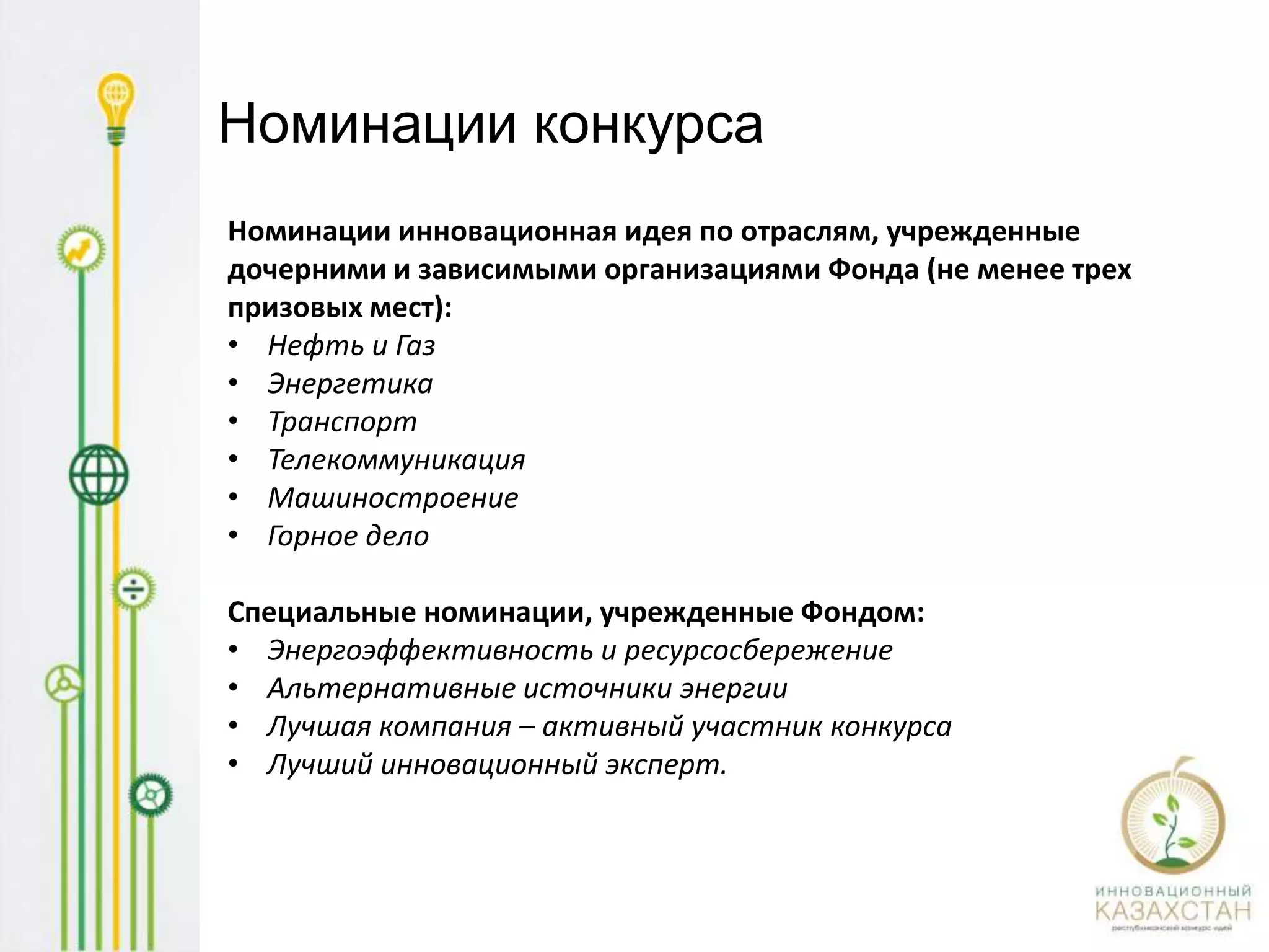 Схема работы с конкурсными
  заявками



                Эксперт                   Конкурсная
                                           комиссия
Заявитель         ДЗО                                   Финал
                                          Принимает
Подает заявку   Оценка                     итоговое    награждение
                заявки                     решение
                          НТС ДЗО –
                             выносит
                          предложения
                               по
                          присуждению
                          призовых мест
 