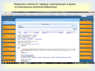 Результаты поиска по термину «электронный» в одном
из электронных каталогов библиотеки
 