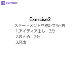 Exercise2
ステートメントを検証するKPI
1.アイディア出し：3分
2.まとめ：7分
3.発表
 